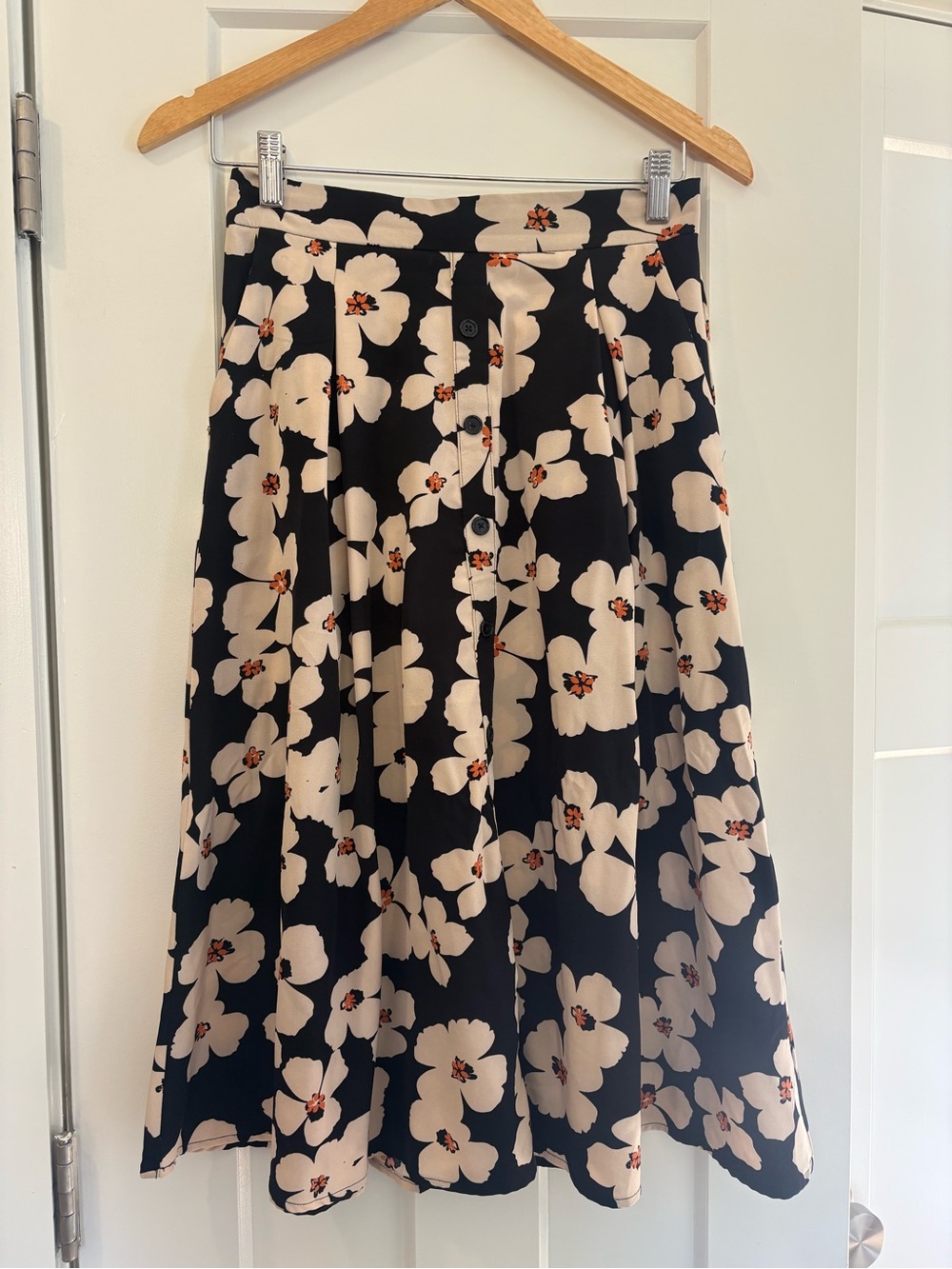 Black Floral Indigo Rose A-Line Midi Skirt with Button Front